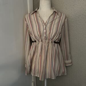 Motherhood Maternity Striped Button Up Tie Belt Elastic Waist Top L Multicolor